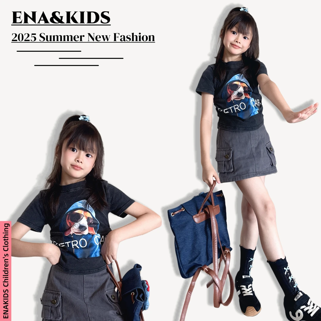 ENA恩娜kids【顽趣小狗】女童韩版狗狗印花短袖夏季休闲短款T恤上衣