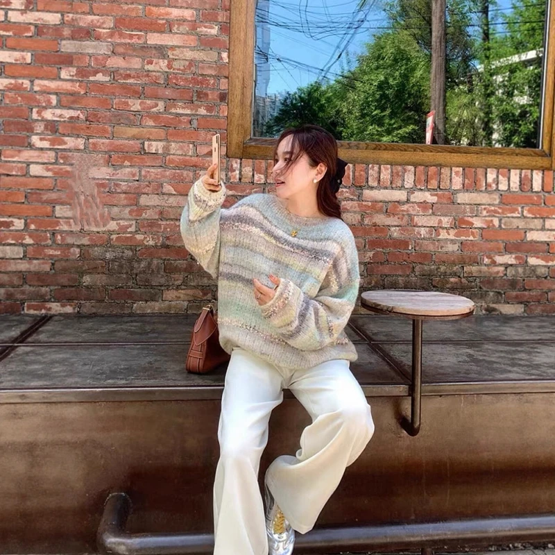亮片撞色条纹套头毛衣女秋冬宽松保暖针织衫上衣女早秋韩系氛围感