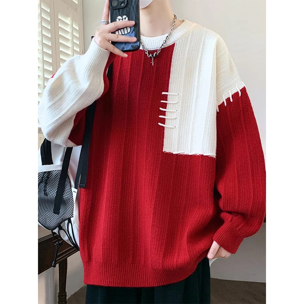 红色毛衣男秋冬季新款加绒圆领针织衫男青少年宽松保暖打底衫线衣