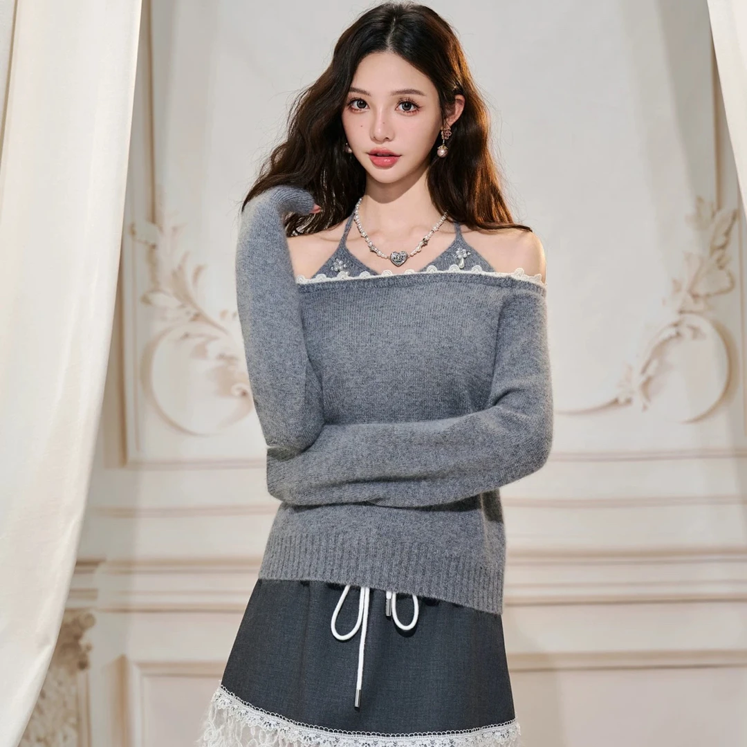 Three Quarters 25AW灰色兔毛一字肩蕾丝拼接挂脖毛衫简约新款女