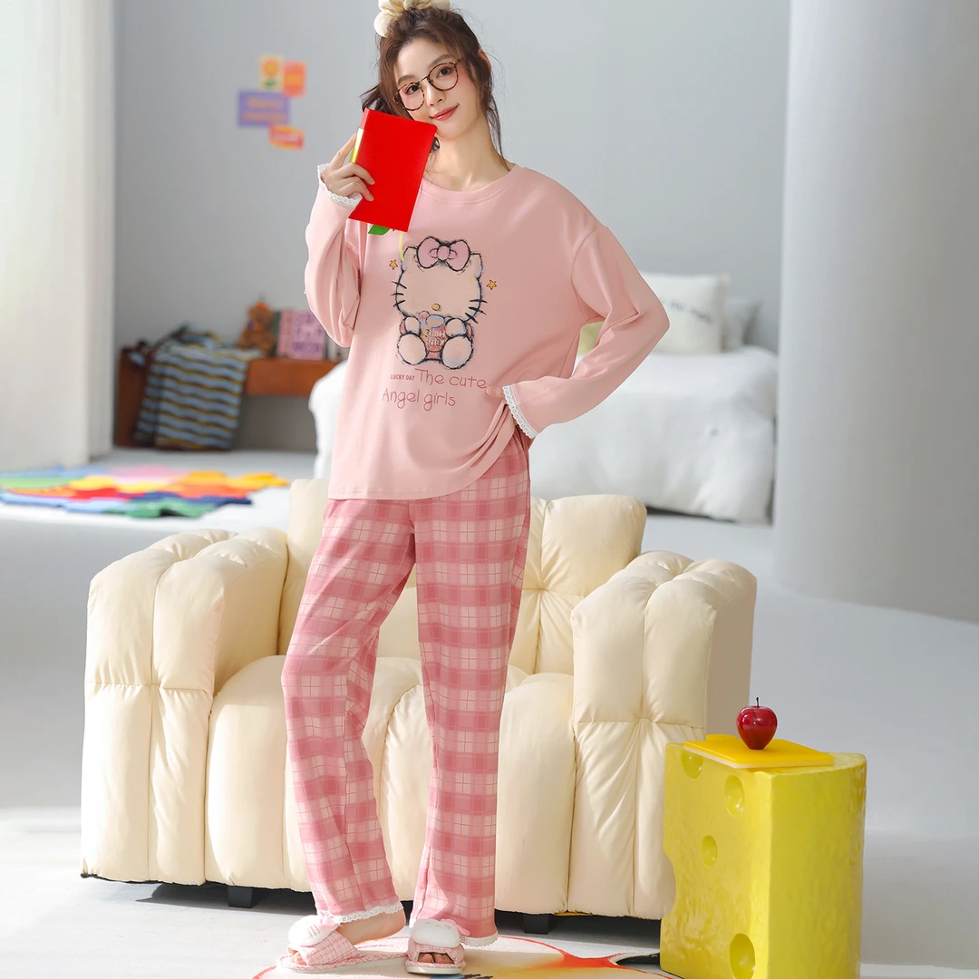 卡之恋睡衣女春秋季新款长袖纯棉减龄粉色Kitty猫家居服