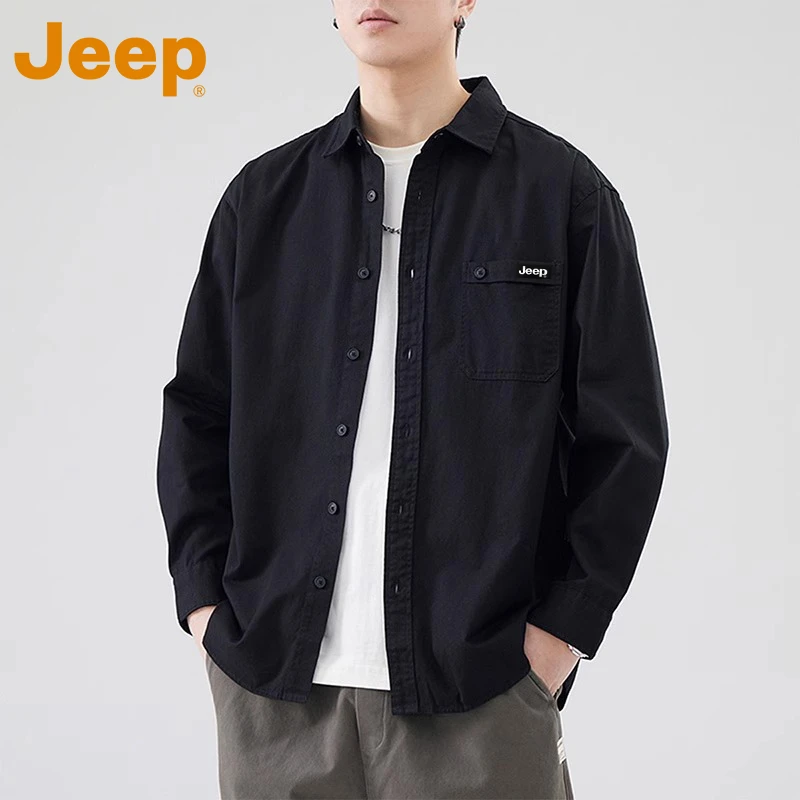 JEEP吉普美式纯棉长袖衬衫男款春秋季潮流休闲全棉外套宽松衬衣服
