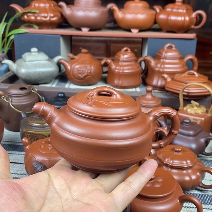 茶壶紫砂双线竹鼓260cc原矿红皮龙紫砂