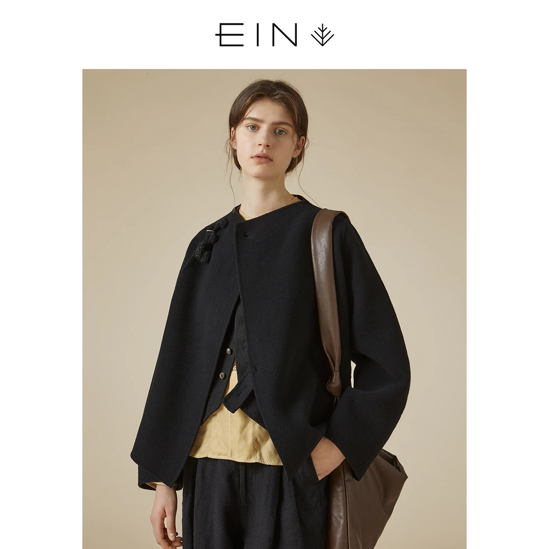 EIN/言文艺复古学院羊毛绒双面呢黑色短大衣外套秋季新款
