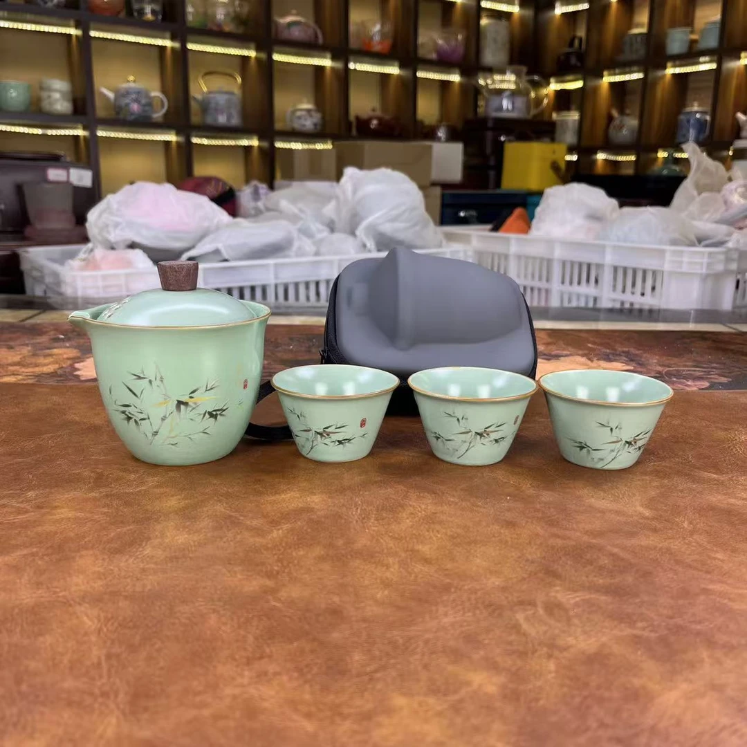 绿色富竹1壶3杯旅行套装便携实用方便1870