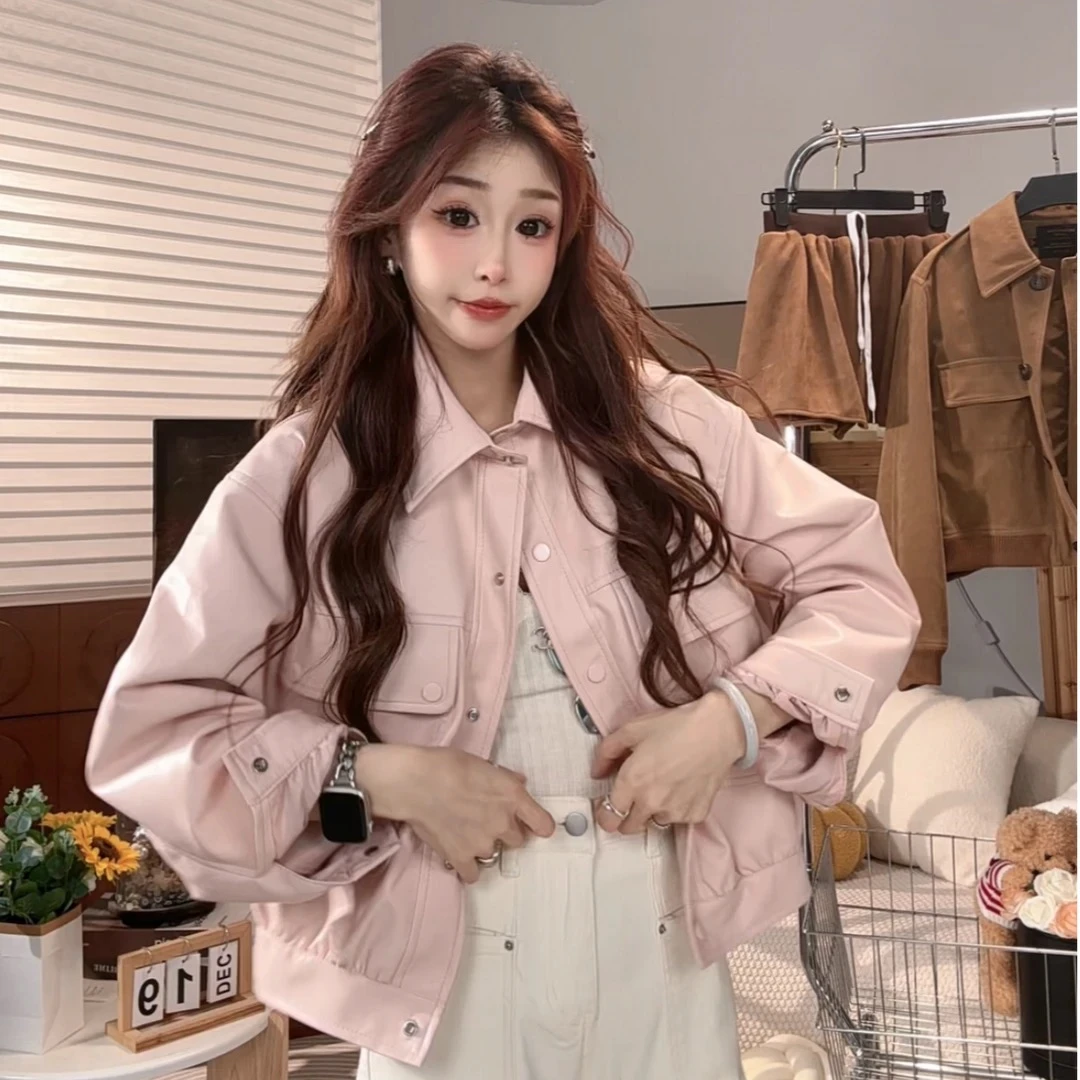 皮衣女2025春秋装新款POLO领休闲工装风高级感小众皮夹克外套女潮