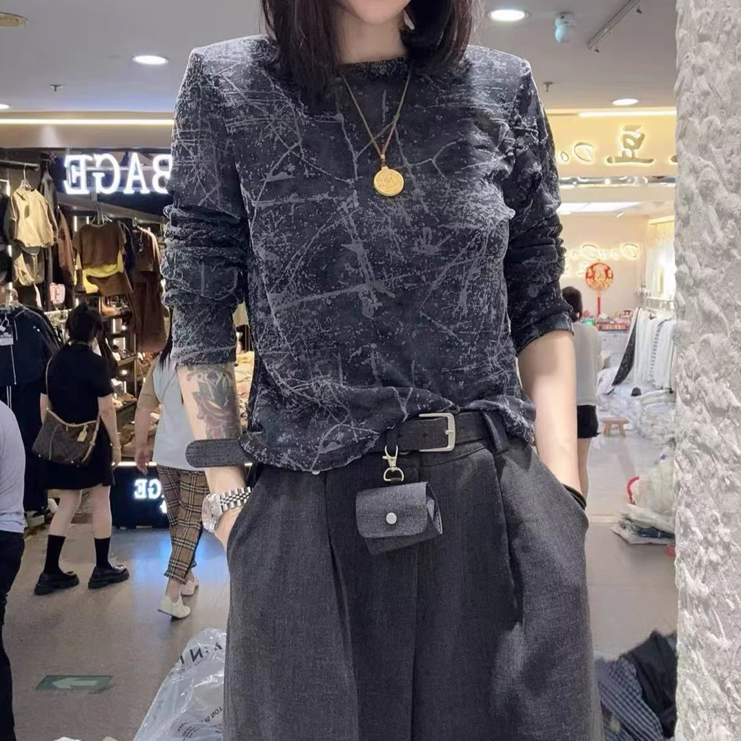 法式时尚印花宽松型长袖秋季套头气质圆领T恤百搭