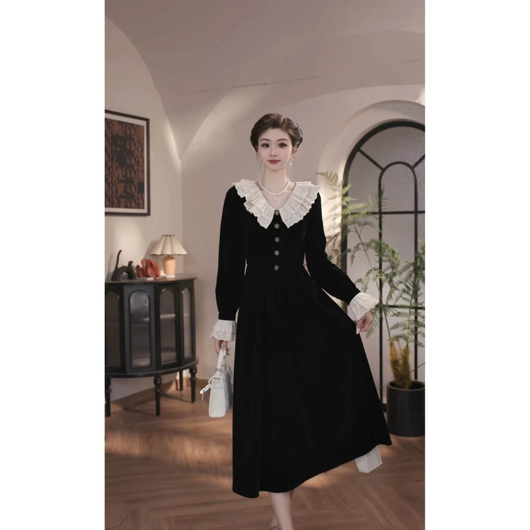 薇宝儿-婷婷【墨云晚烟】秋冬新款设计感丝绒显瘦连衣裙-B9119K