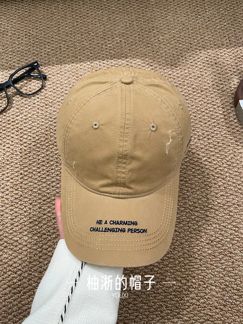 柚淅/韩版时尚字母棒球帽刺绣破洞帽子男女春夏显脸小韩系鸭舌帽