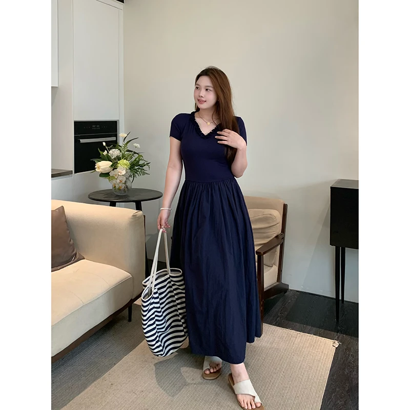 YOKLASS少女家 藏青色木耳边V领连衣裙大码女装长裙子 L34480S52