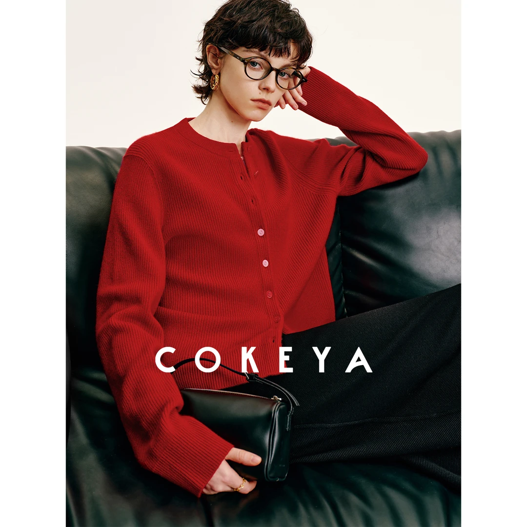 COKEYA/镇店精纯~佰分佰加厚花纱山羊绒圆领直身长袖开衫女冬毛衣