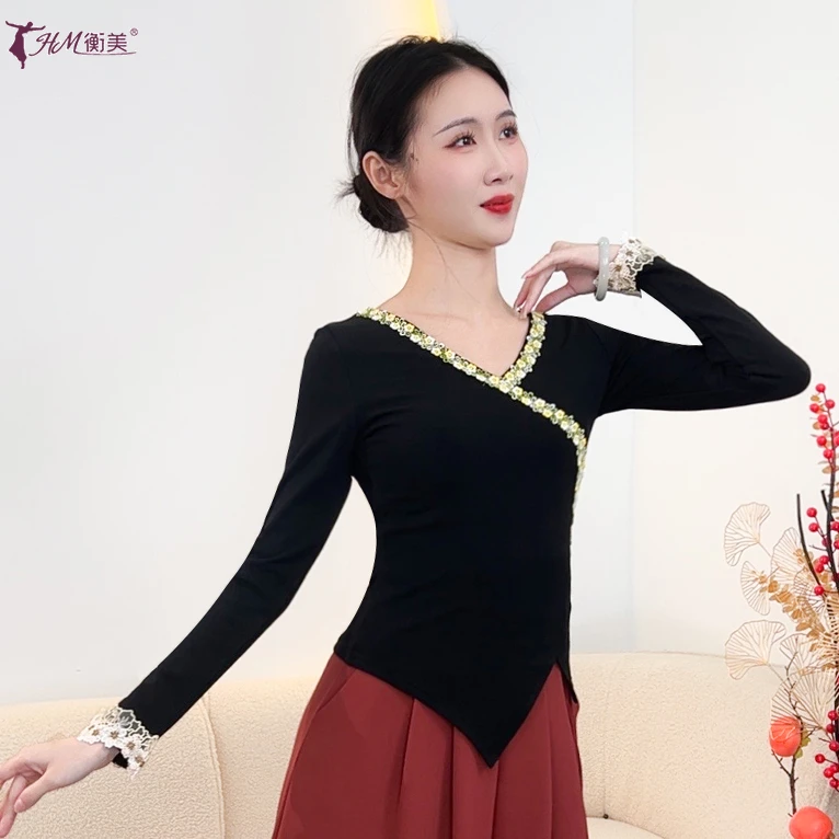 新款不规则长袖舞蹈练功服女上衣形体中国现代古典舞服装表演服秋