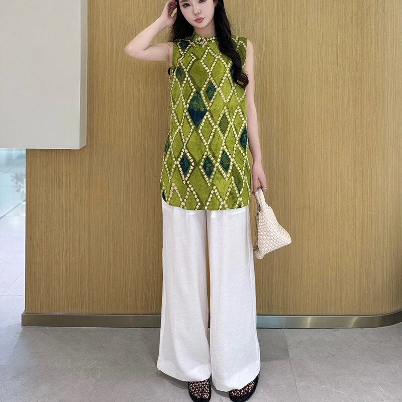 拉夏贝尔新中式国风2025夏季提花衬衫配裤子新款立领背心上衣套装