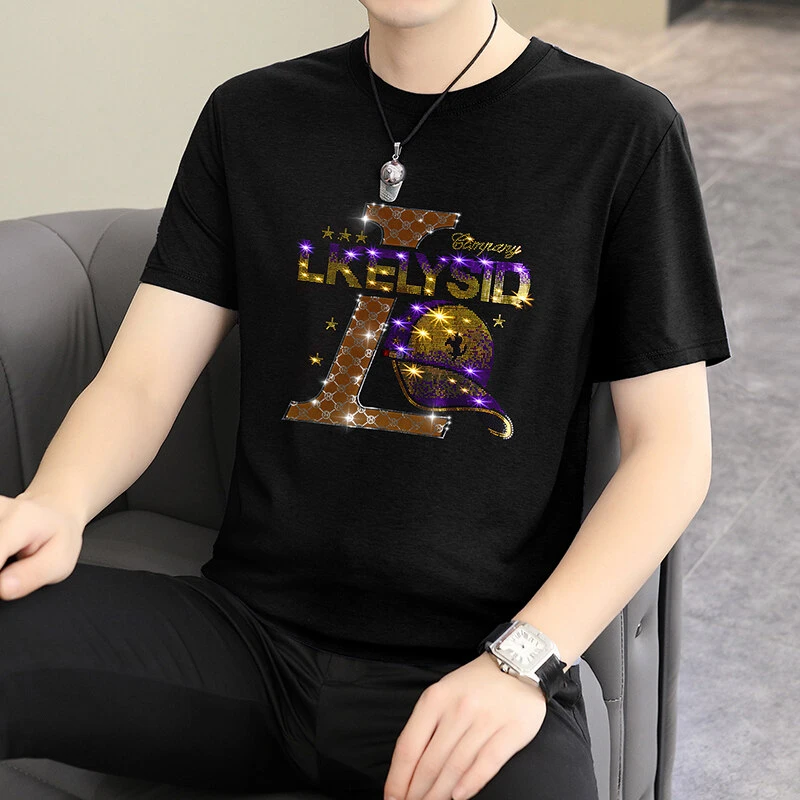 【帽子t恤】休闲时尚烫钻薄款丝光棉圆领t恤男士短袖夏200斤可穿