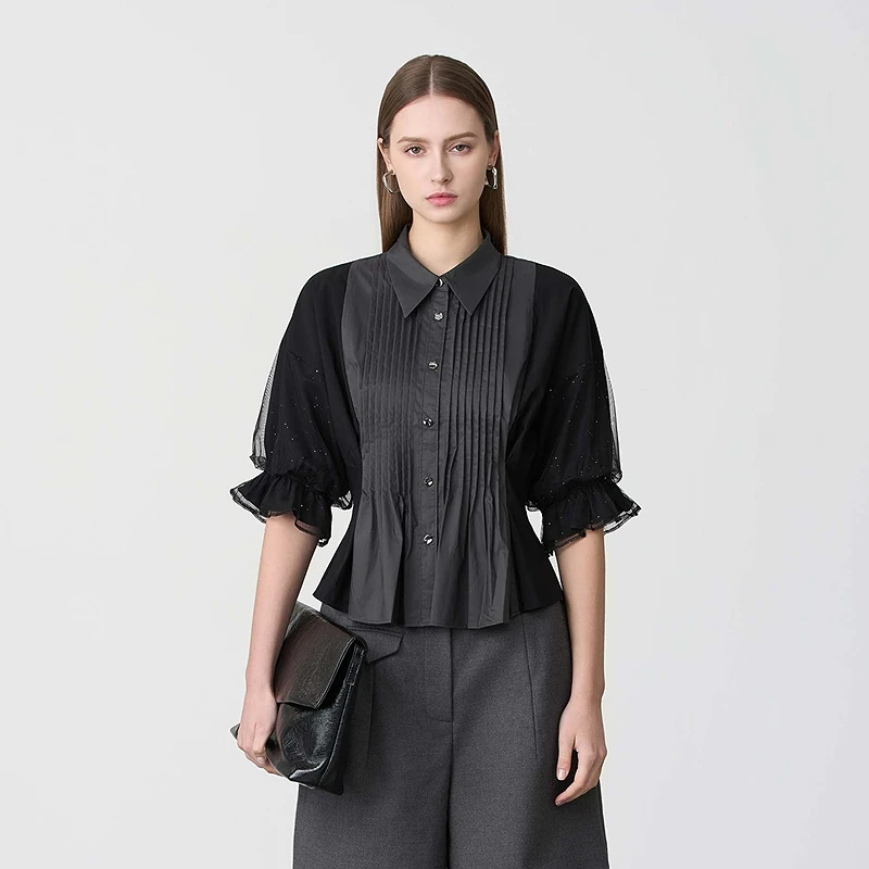 S·DEER圣迪奥气质黑色时尚百搭夏季小众宽松设计感衬衫S24280409