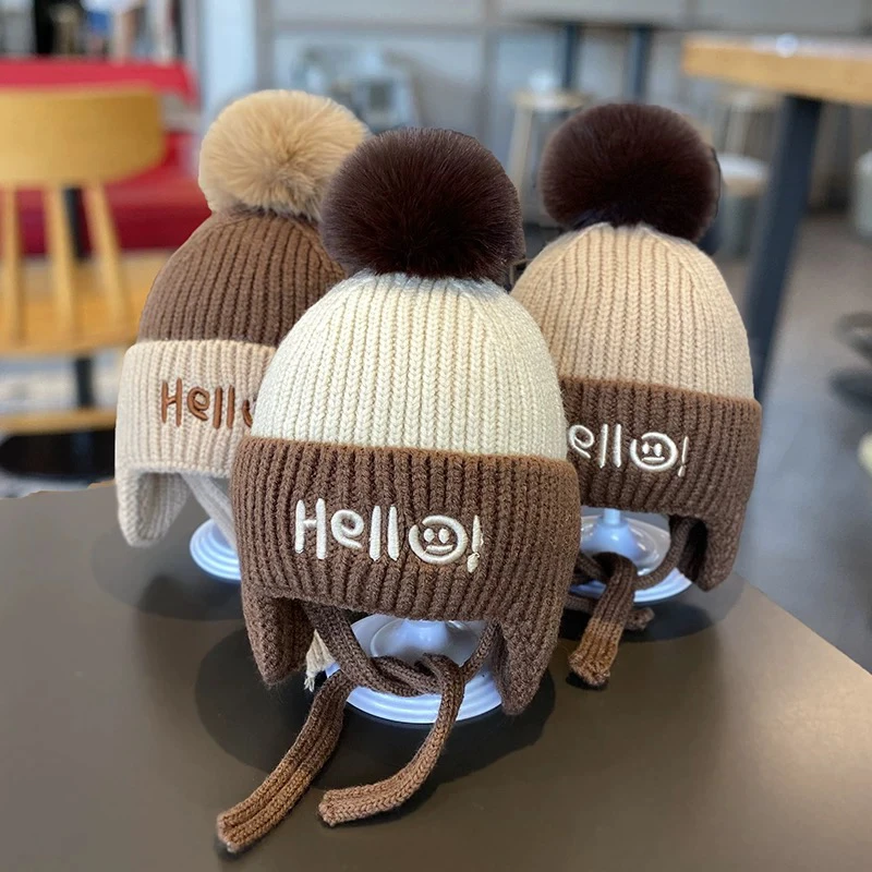 婴儿帽子秋冬季毛线帽男童女宝宝韩版可爱小熊护耳帽针织套头保暖