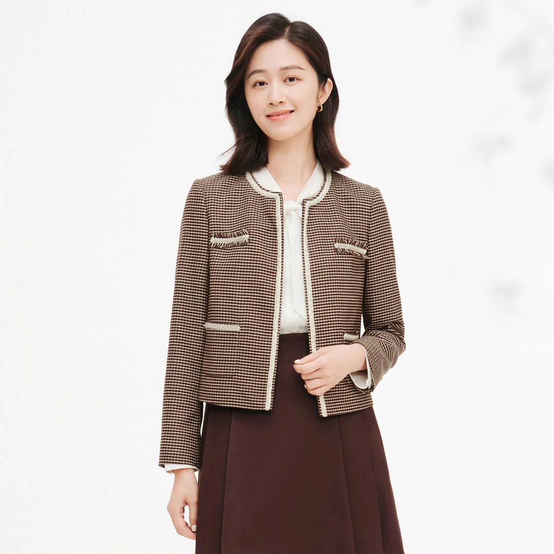 【晨粉专享价】【】秋冬通勤时尚聚会复古格纹圆领气质显白外套