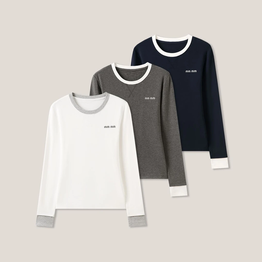 撞色字母简约刺绣长袖假两件T恤打底衫ss26456