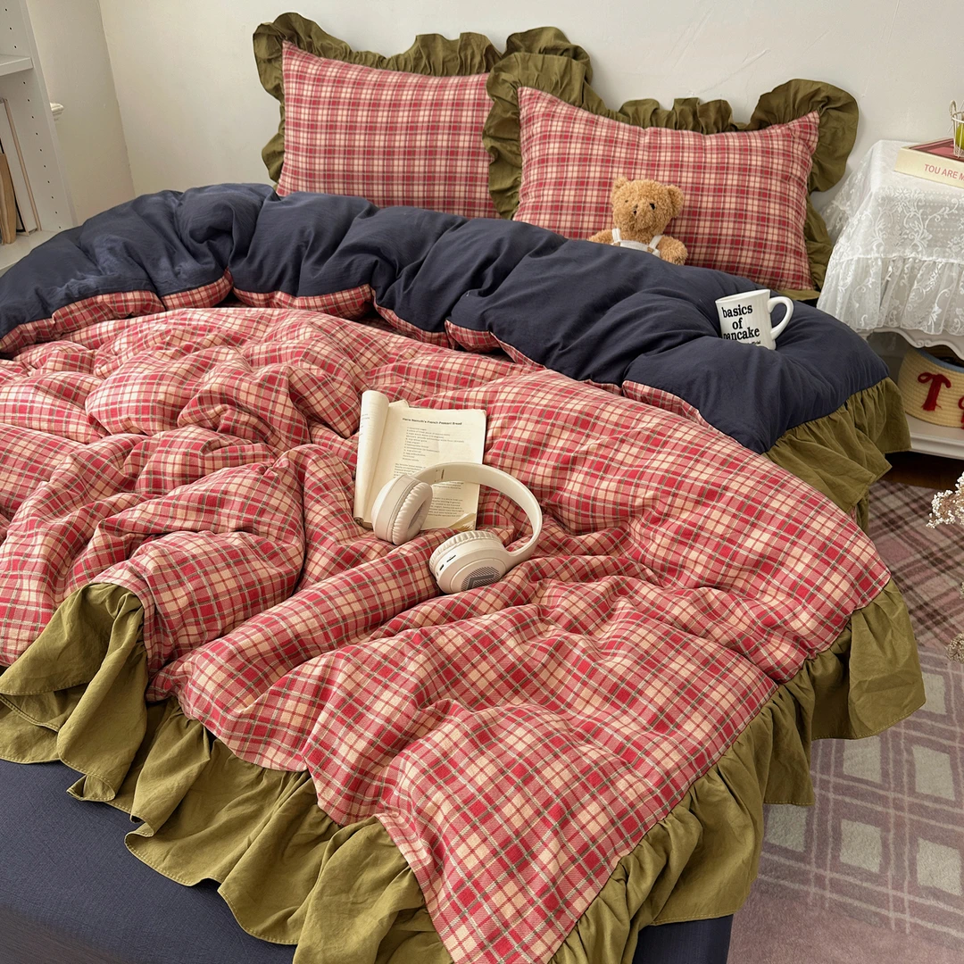 双层纱复古大花边格纹云感纱韩系ins四件套754爱岛少女