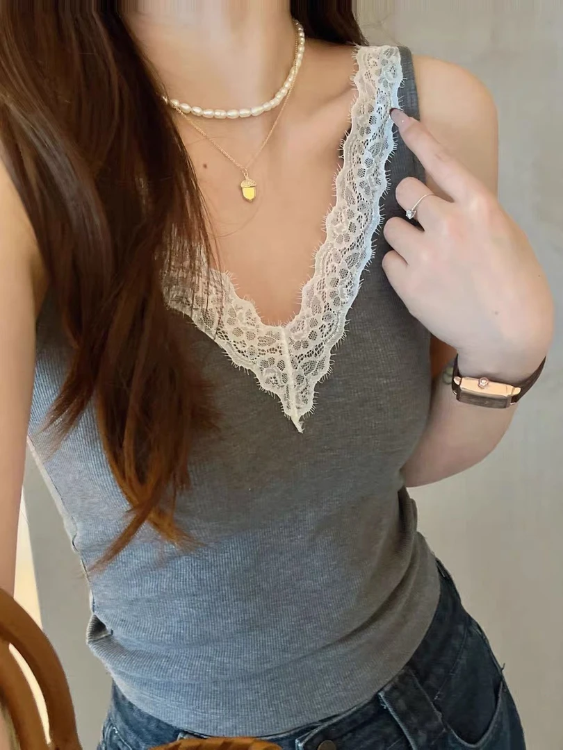 枫之欣8801蕾丝保暖背心双面v领纯欲修身一体杯聚拢美背打底上衣