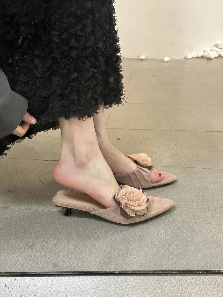 阿南儿~ 尖头凉拖鞋女凉鞋花朵一字拖小猫跟低跟女鞋子细跟高跟鞋