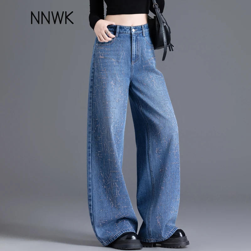 满天星手工烫钻高腰牛仔裤女款爆款2025新款春秋季宽松直筒阔腿裤