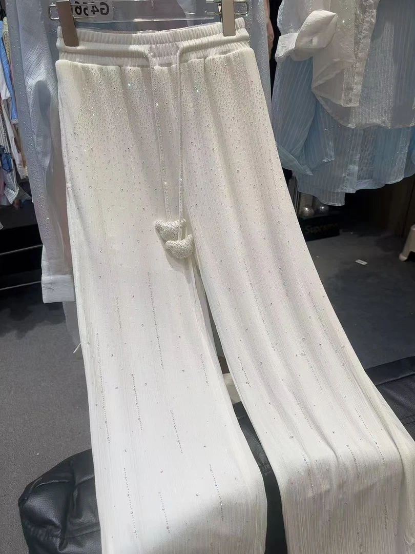 2025新款重工满天星竖条烫钻宽松显瘦高腰阔腿裤休闲裤女薄款