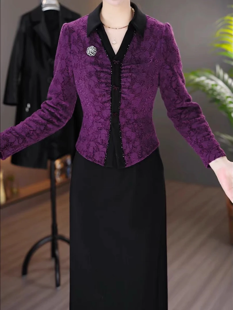 高级水溶蕾丝气质洋气假俩件礼服2024秋季新款修身显瘦遮肉裙子