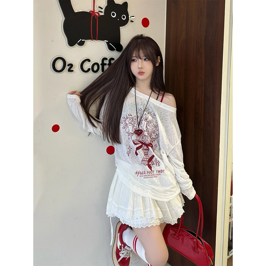 夏季新款长袖防晒罩衫斜领t恤女ins时尚百搭宽松纯欲外搭上衣