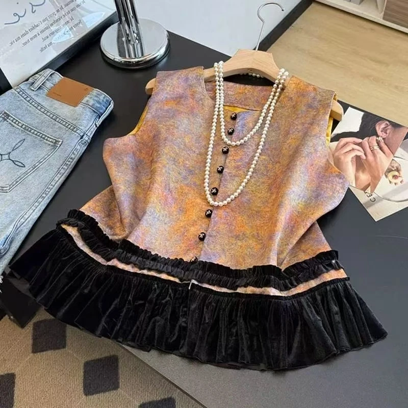 新中式木耳边黑丝绒拼接下摆提花国风秋冬马甲女秋季坎肩上衣A158