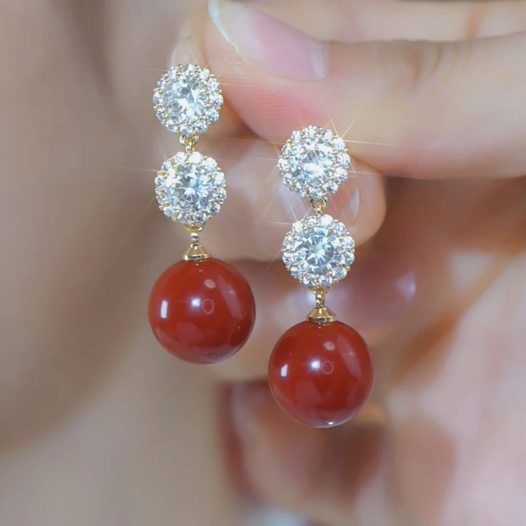 铜合金合成锆石耳饰 轻奢气质名媛时尚红色流苏优雅耳环