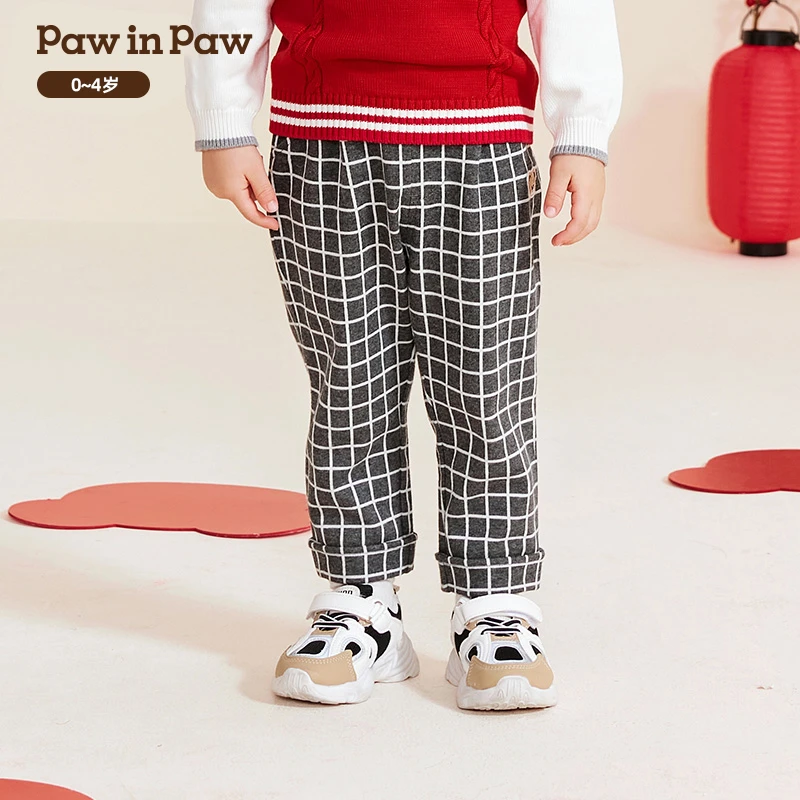 PawinPaw卡通小熊童装秋季男宝格子裤子翻边裤脚时尚百搭