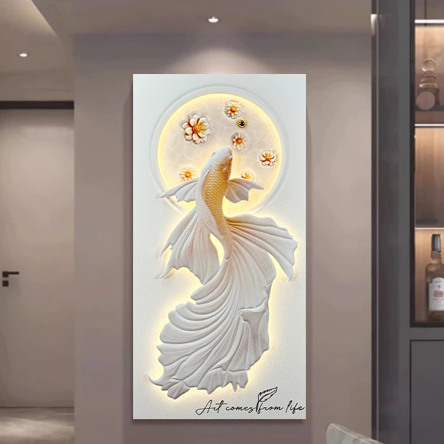 立体砂岩奶油风浮雕锦鲤灯光玄关客厅走廊装饰画3d