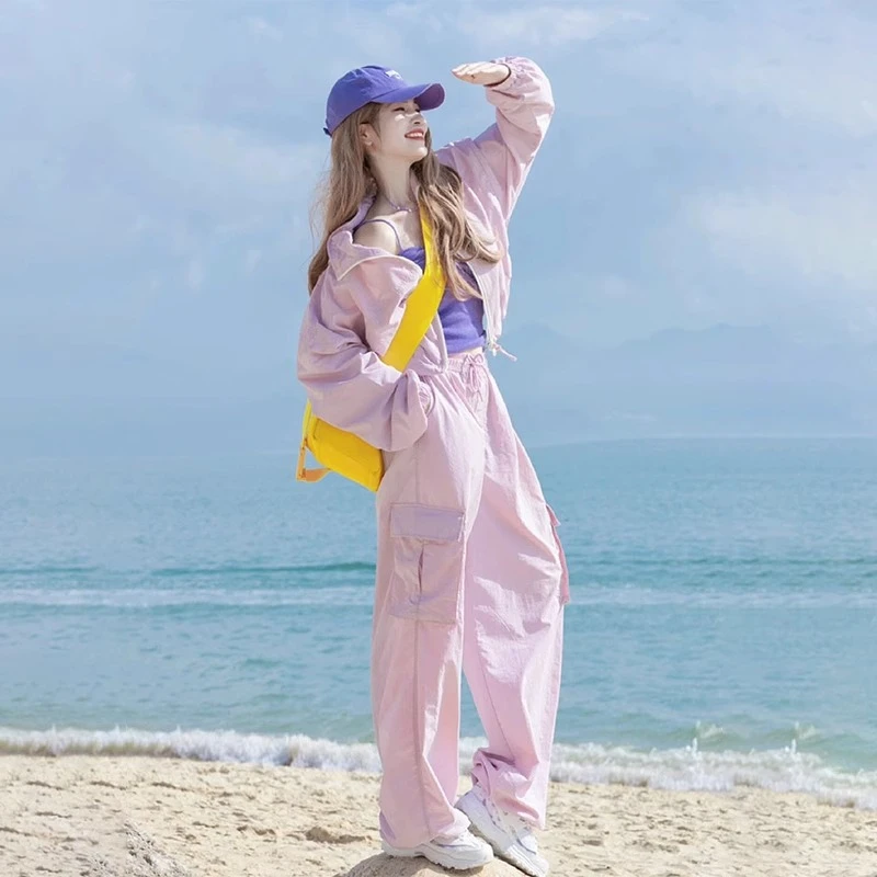 2025年夏季设计感时尚气质套装女休闲运动粉色防晒衫工装裤两件套