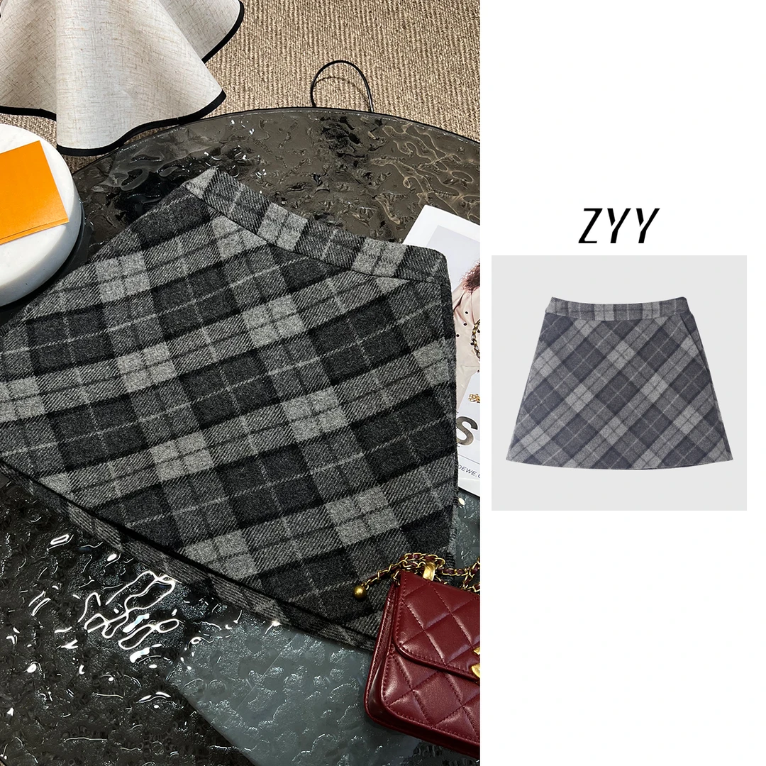 ZYY【呢喃格间】2025/S新品复古羊毛美拉德高腰格纹半裙X25QDQ03827