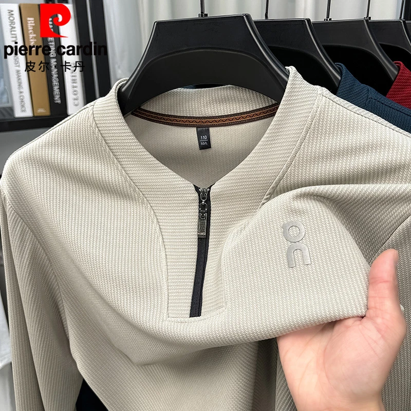皮尔卡丹2025春季新款男士小V领休闲时尚纯色百搭拉链长袖卫衣潮