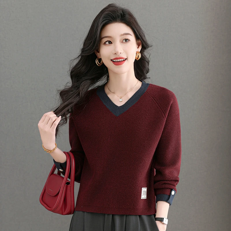 安哥拉红小个子春秋V领短款毛衣高档打底衫女洋气百搭针织衫外穿