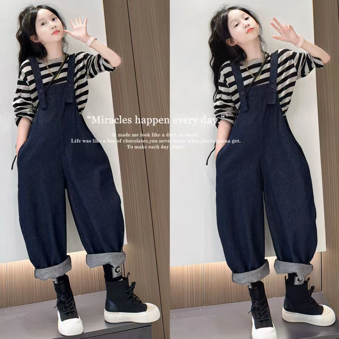 女童条纹打底T恤背带裤套装2025秋季新款中大童牛仔裤长袖两件套