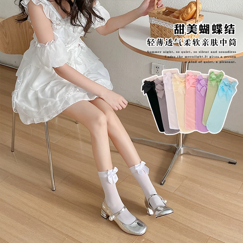 蝴蝶结袜子春夏薄款中筒袜日系天鹅绒冰丝糖果色堆堆洛丽塔长筒袜