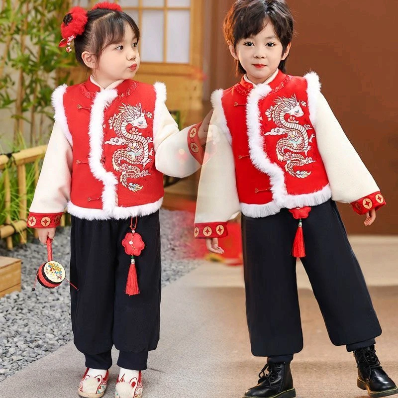 2025龙年新款拜年服男童女童汉服秋冬款女宝加绒加厚洋气中国风服