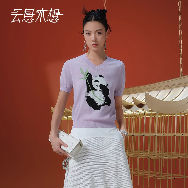 Ysimo-X云思木想 熊猫戏竹 提花V领和纸纱毛针织衫13362