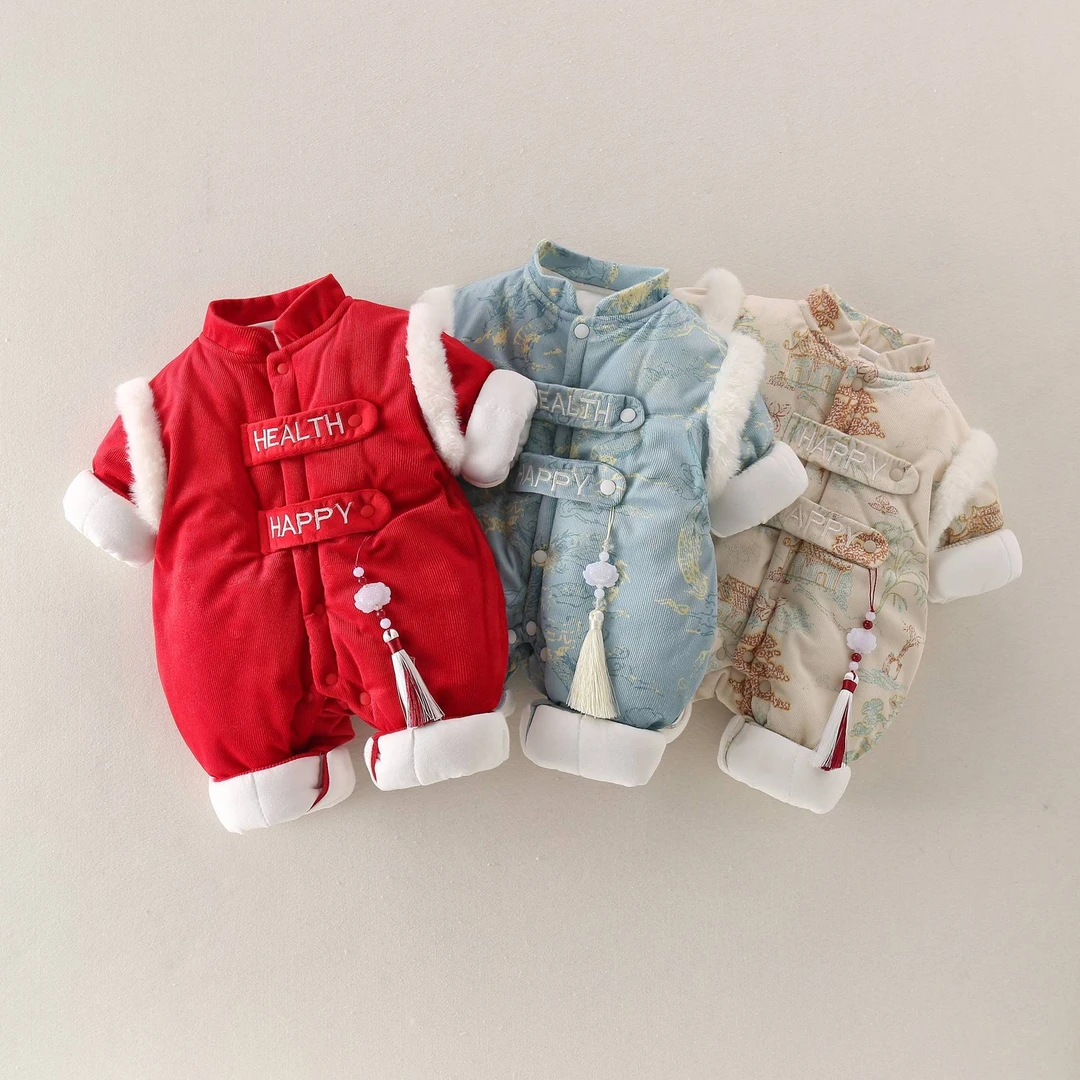 戴维贝拉婴儿衣服加棉加厚百天喜庆宝宝连体衣满月男女周岁礼服哈