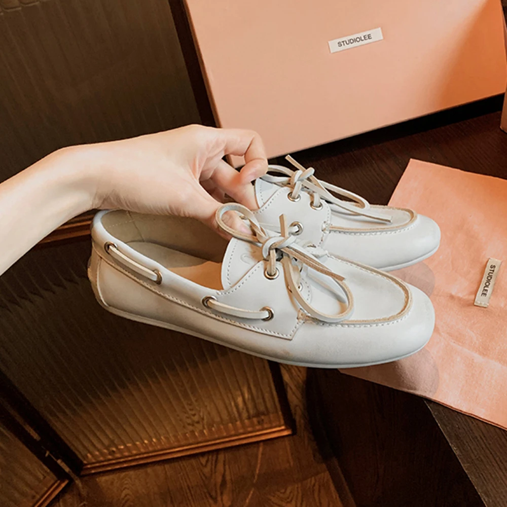 羊皮版~乐福鞋女平底系带圆头英伦风做旧脏脏复古一脚蹬小皮鞋