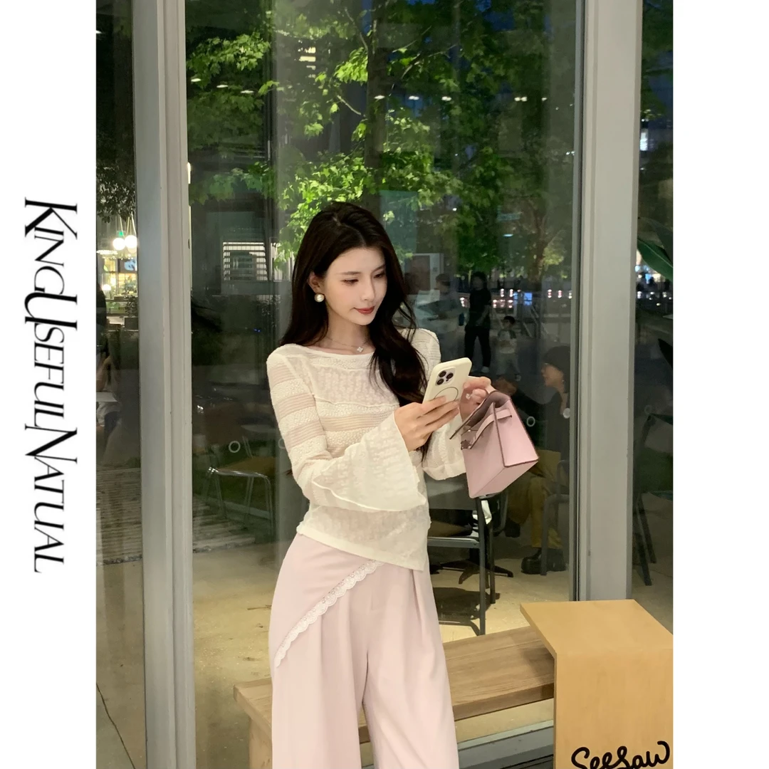 KUN【浅月】轻盈又时髦 立体珍珠纱条纹肌理一字领慵懒防晒长袖上衣