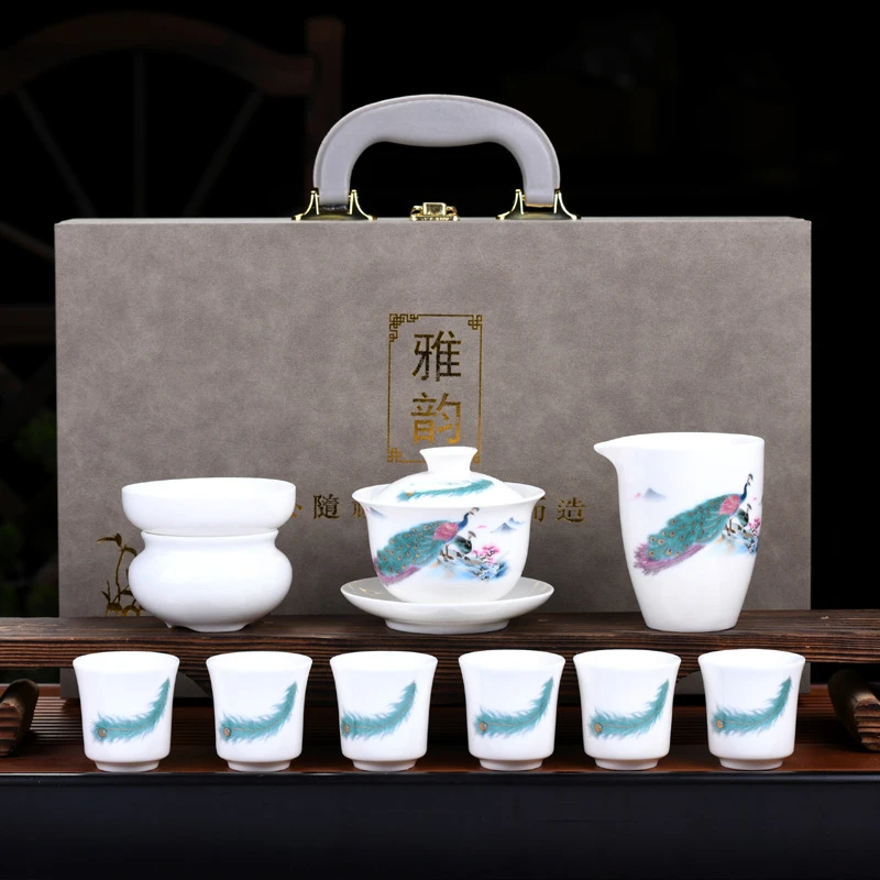 德化高档羊脂玉描金白瓷功夫茶具高档礼盒装适合家用客厅及办公室