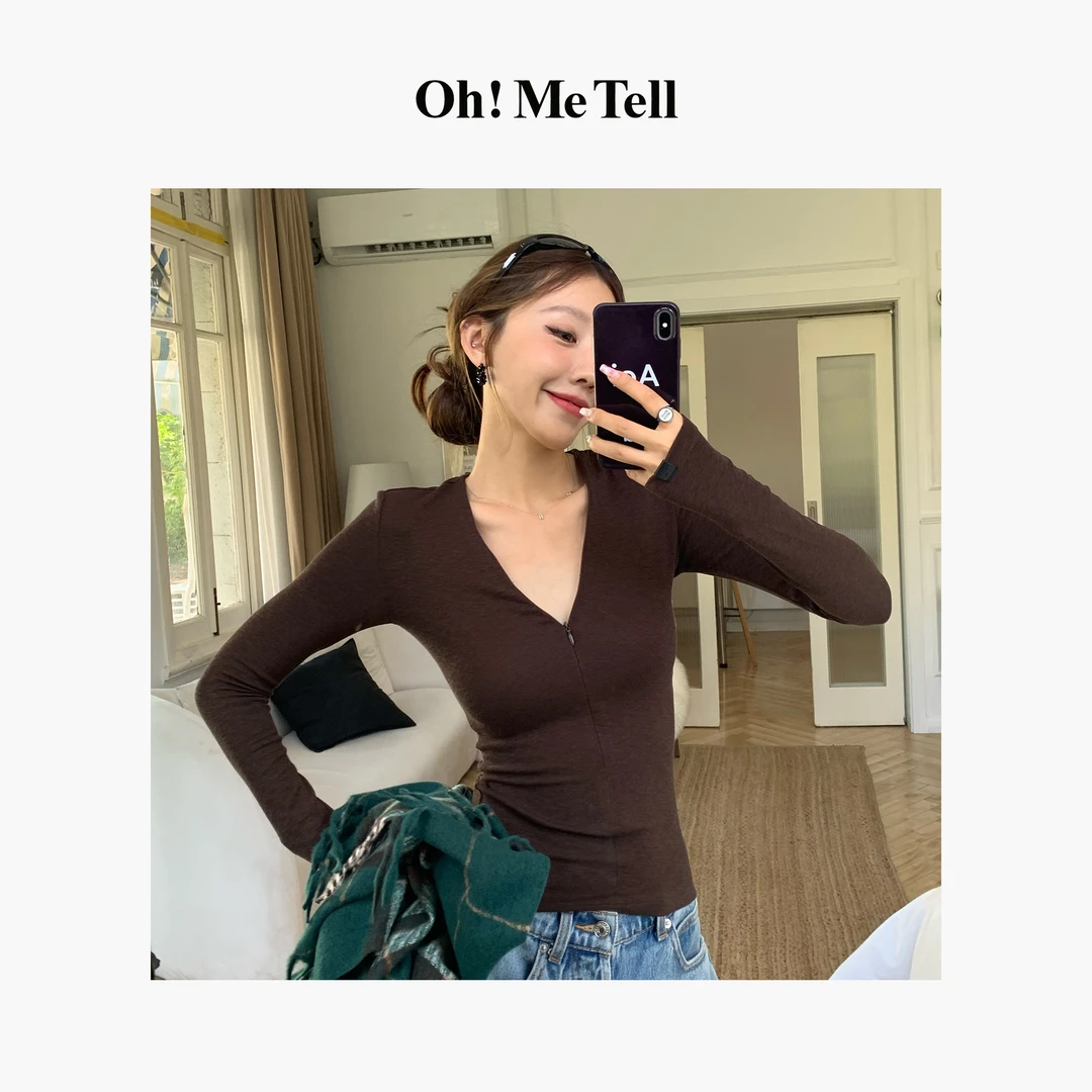 Oh!Me Tell【金靖同款】拉链可调节V领辣妹修身显瘦羊毛打底衫T恤女