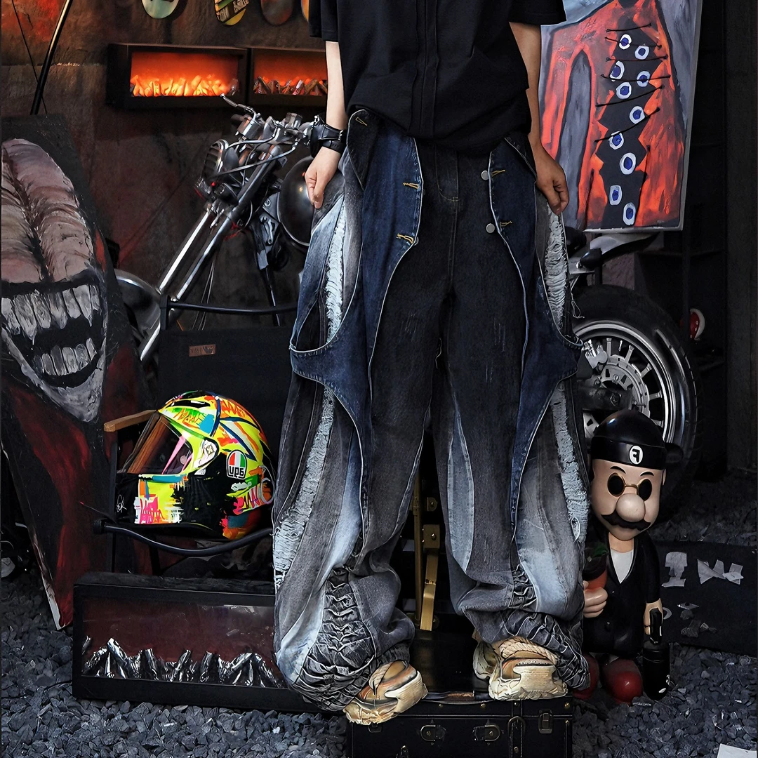 原创【机能轮胎】重磅电绣洗水做旧涂鸦牛仔拼接不规则男女款