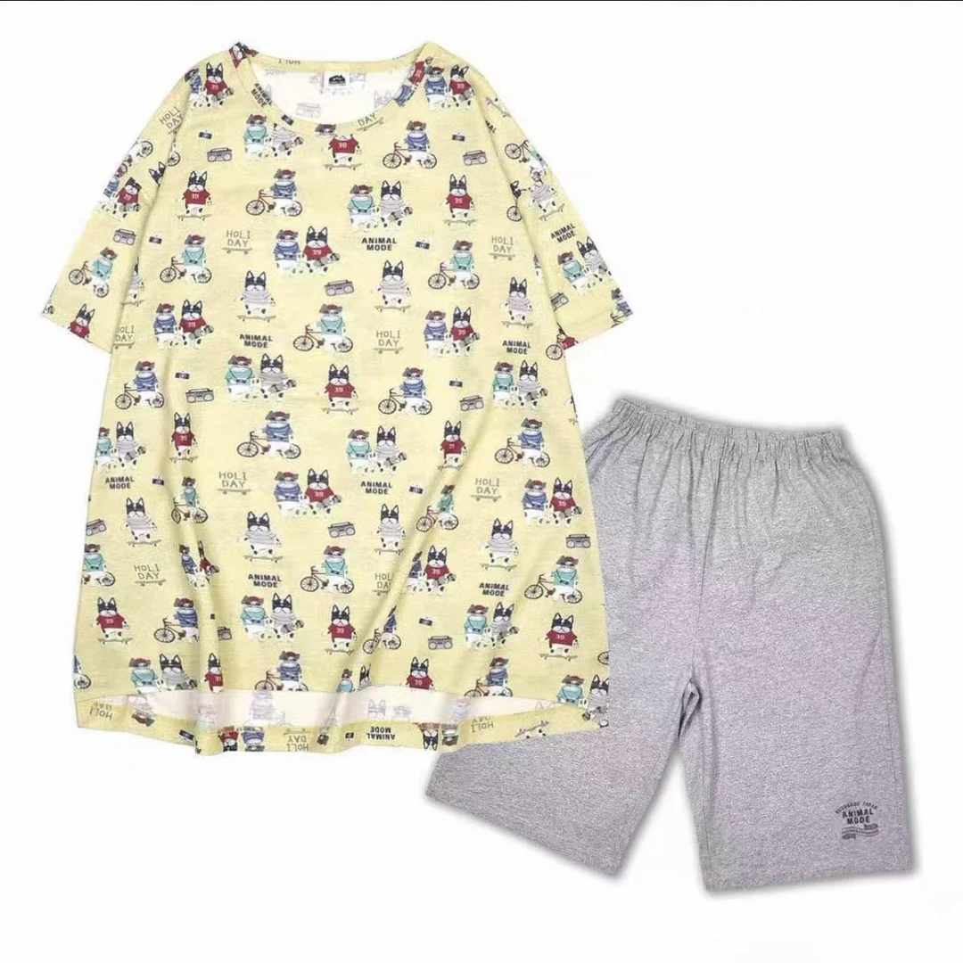 Z924 日本kusuguru满印猫咪法斗短袖实露西保罗黄8118-1均码睡衣