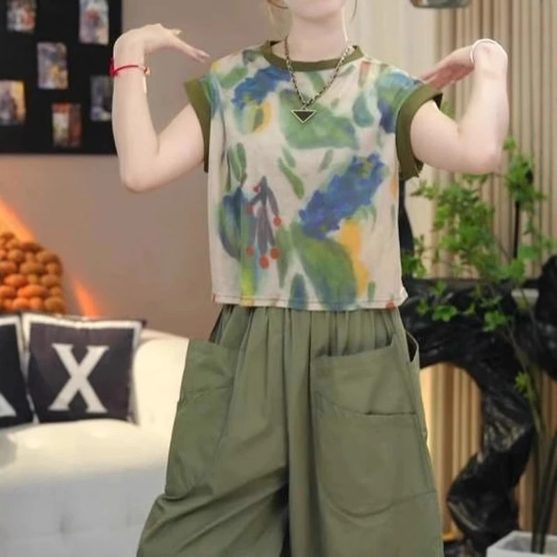 大码法式复古扎染圆领短袖T恤女夏季胖mm宽松显瘦百搭洋气上衣潮