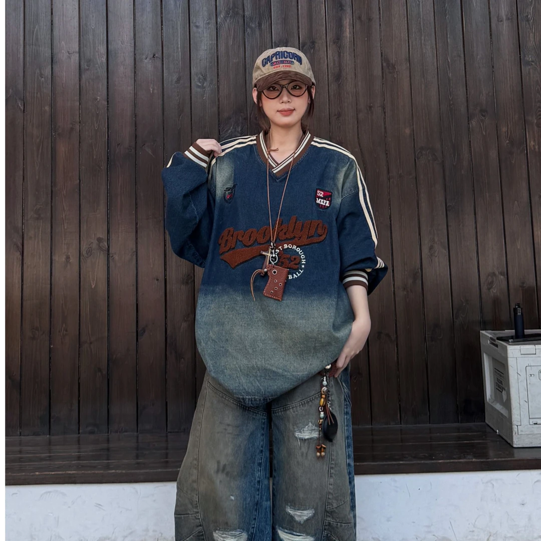 UNOTOBE 美式复古学院风条纹V领设计水洗做旧牛仔男女短袖T恤